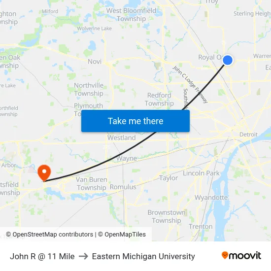 John R & 11 Mile to Eastern Michigan University map