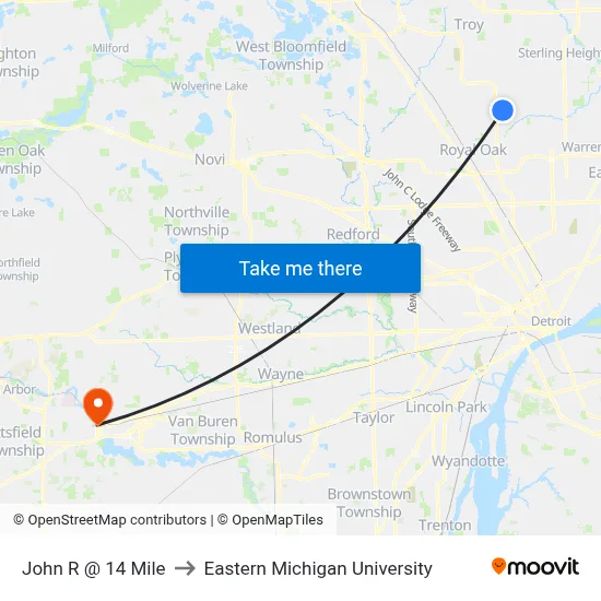 John R & 14 Mile to Eastern Michigan University map