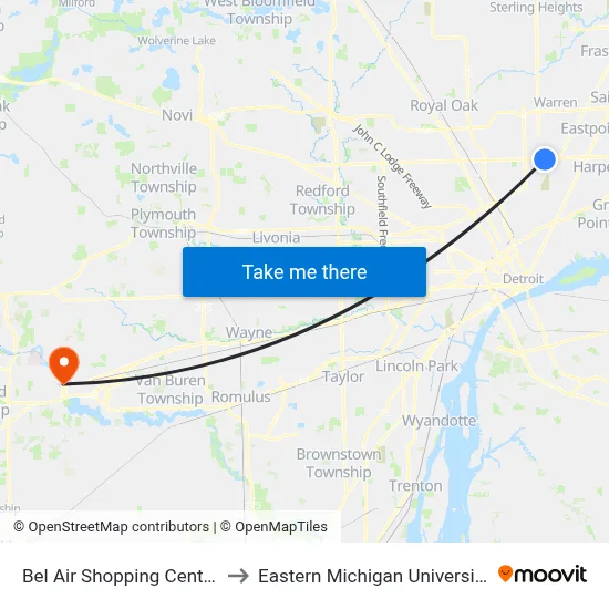 Bel Air Shopping Center to Eastern Michigan University map