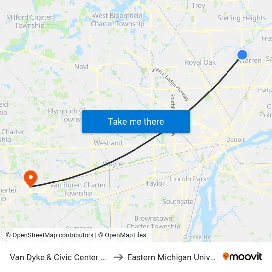 Van Dyke & Civic Center South to Eastern Michigan University map