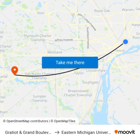 Gratiot & Grand Boulevard to Eastern Michigan University map