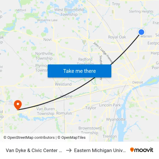 Van Dyke & Civic Center North to Eastern Michigan University map