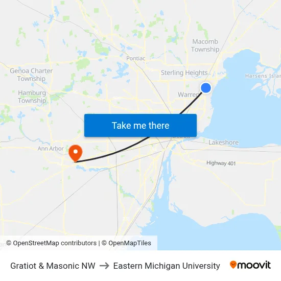 Gratiot & Masonic NW to Eastern Michigan University map