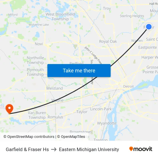 Garfield & Fraser Hs to Eastern Michigan University map