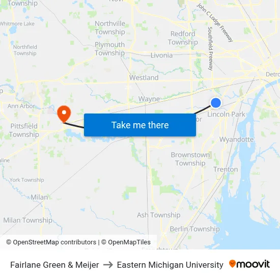 Fairlane Green & Meijer to Eastern Michigan University map