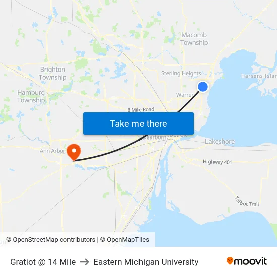 Gratiot @ 14 Mile to Eastern Michigan University map