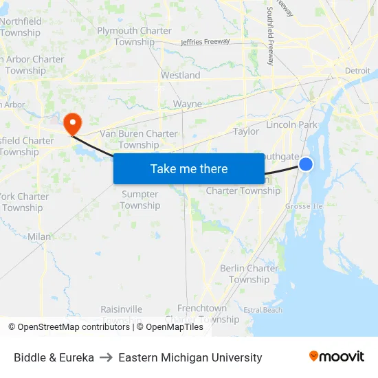 Biddle & Eureka to Eastern Michigan University map