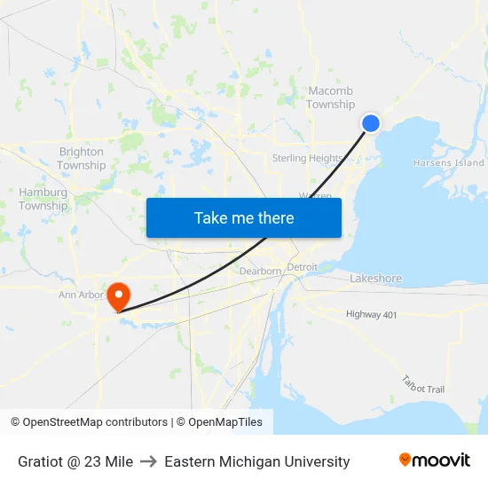 Gratiot @ 23 Mile to Eastern Michigan University map