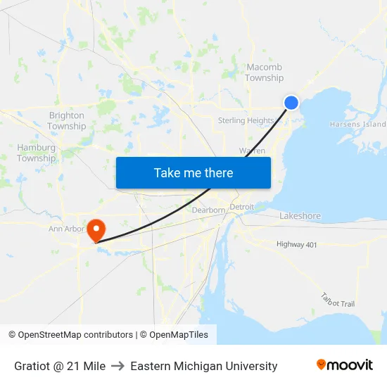 Gratiot @ 21 Mile to Eastern Michigan University map