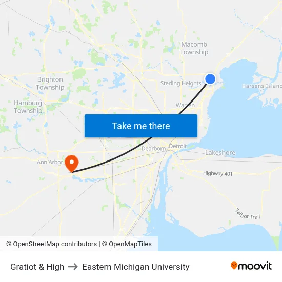 Gratiot & High to Eastern Michigan University map