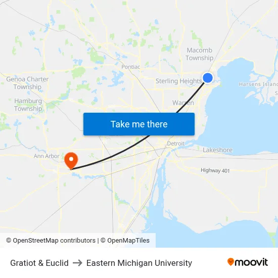 Gratiot & Euclid to Eastern Michigan University map
