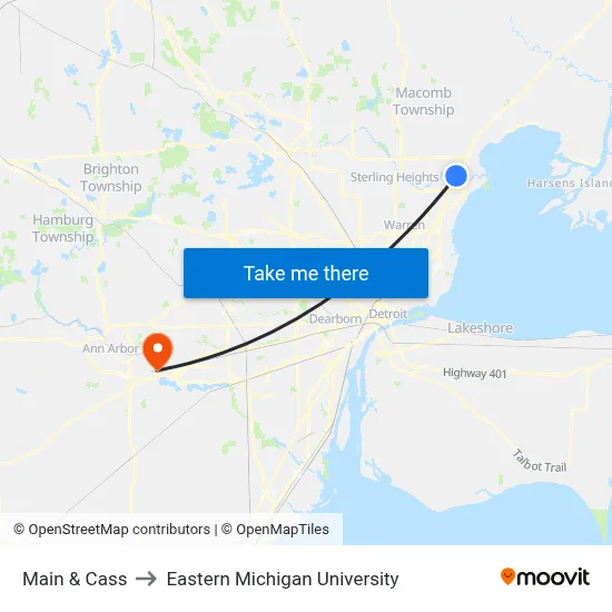 Main & Cass to Eastern Michigan University map