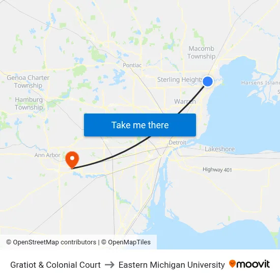 Gratiot & Colonial Court to Eastern Michigan University map