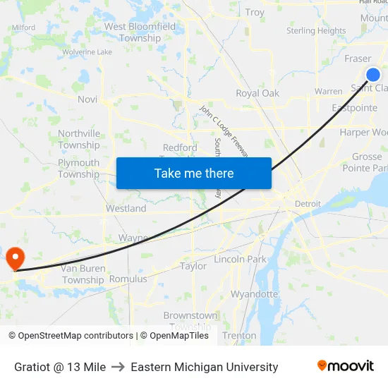 Gratiot @ 13 Mile to Eastern Michigan University map