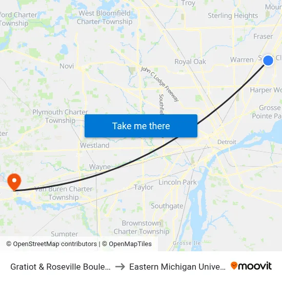 Gratiot & Roseville Boulevard to Eastern Michigan University map