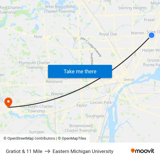 Gratiot & 11 Mile to Eastern Michigan University map