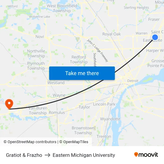 Gratiot & Frazho to Eastern Michigan University map