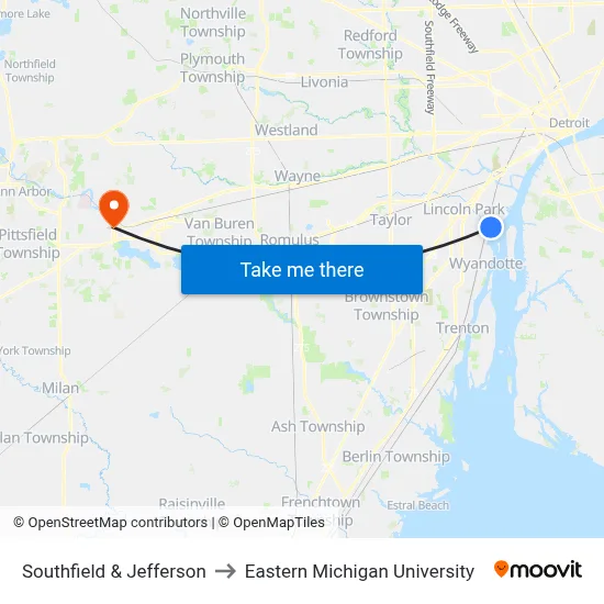 Southfield & Jefferson to Eastern Michigan University map
