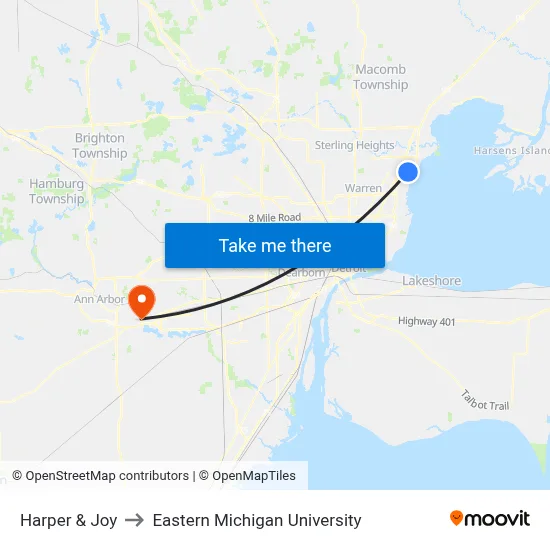 Harper & Joy to Eastern Michigan University map