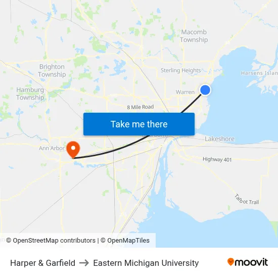 Harper & Garfield to Eastern Michigan University map