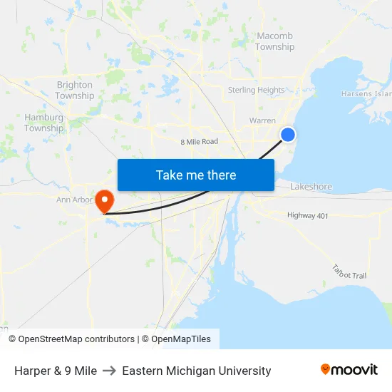 Harper & 9 Mile to Eastern Michigan University map