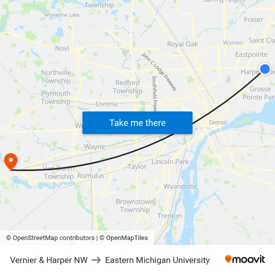 Vernier & Harper NW to Eastern Michigan University map