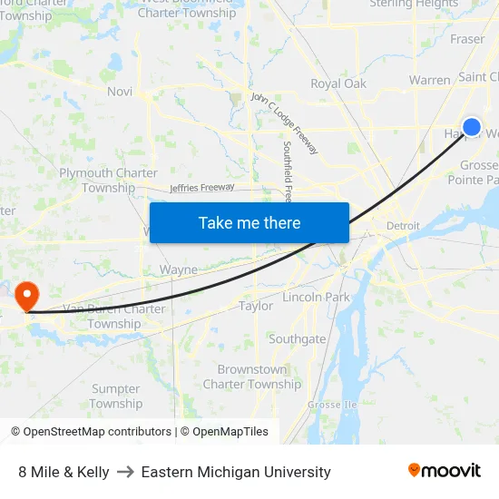 8 Mile & Kelly to Eastern Michigan University map