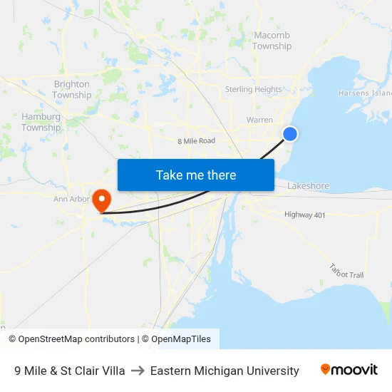 9 Mile & St Clair Villa to Eastern Michigan University map