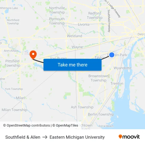 Southfield & Allen to Eastern Michigan University map