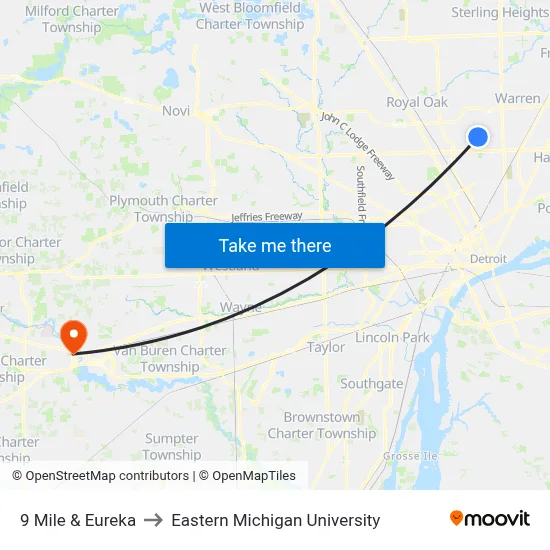 9 Mile & Eureka to Eastern Michigan University map