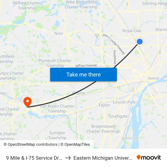 9 Mile & I-75 Service Drive to Eastern Michigan University map