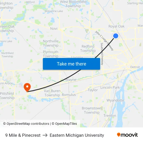 9 Mile & Pinecrest to Eastern Michigan University map