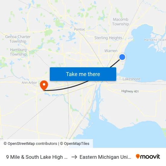 9 Mile & South Lake High School to Eastern Michigan University map