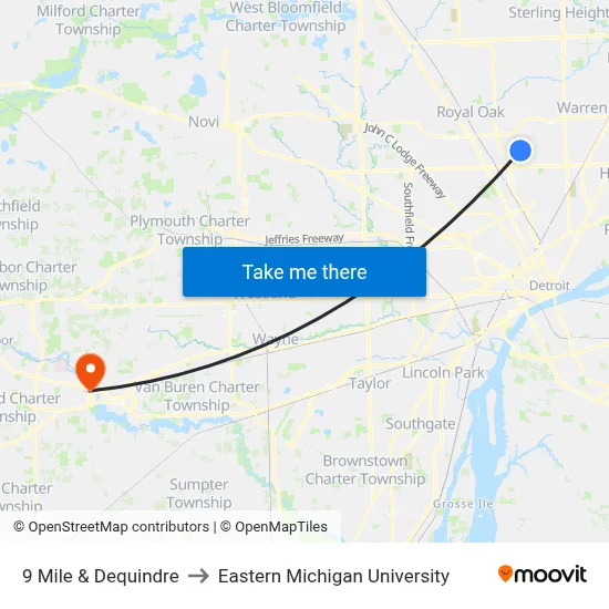 9 Mile & Dequindre to Eastern Michigan University map
