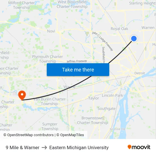 9 Mile & Warner to Eastern Michigan University map