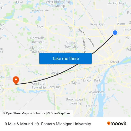 9 Mile & Mound to Eastern Michigan University map