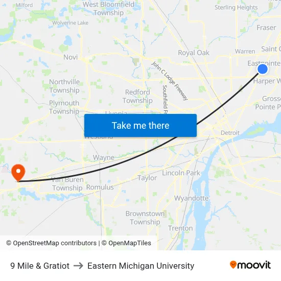 9 Mile & Gratiot to Eastern Michigan University map