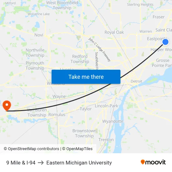 9 Mile & I-94 to Eastern Michigan University map