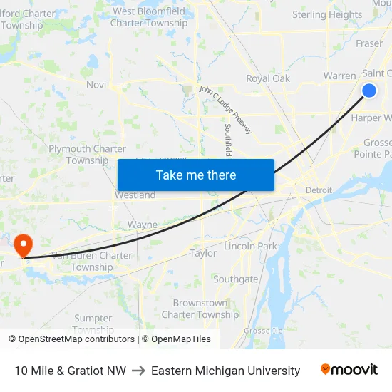 10 Mile & Gratiot NW to Eastern Michigan University map