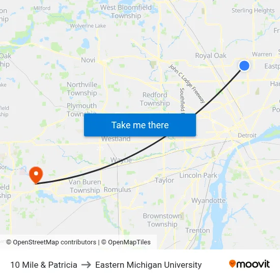 10 Mile & Patricia to Eastern Michigan University map