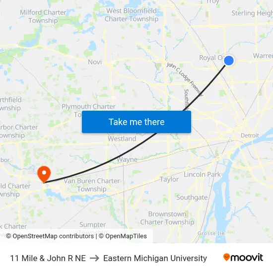 11 Mile & John R NE to Eastern Michigan University map