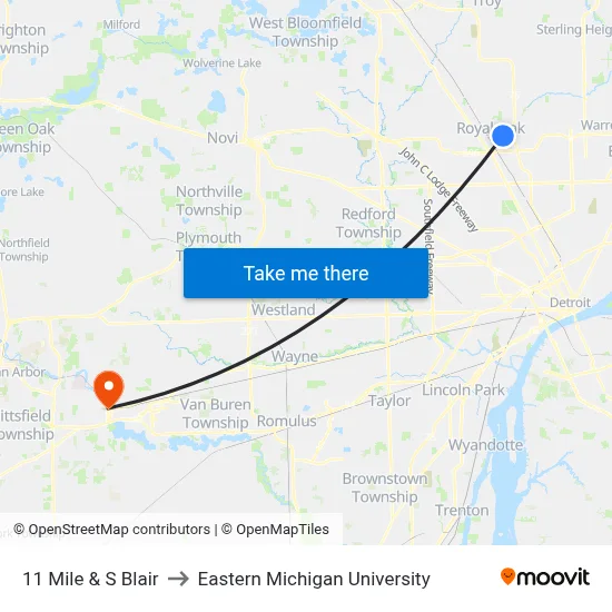 11 Mile & S Blair to Eastern Michigan University map