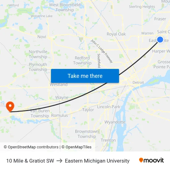 10 Mile & Gratiot SW to Eastern Michigan University map