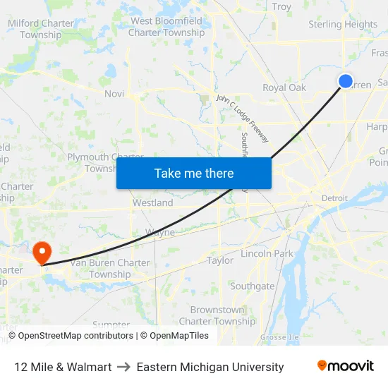 12 Mile & Walmart to Eastern Michigan University map