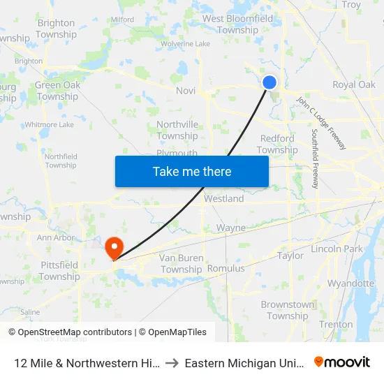 12 Mile & Northwestern Highway to Eastern Michigan University map