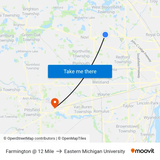 Farmington & 12 Mile to Eastern Michigan University map