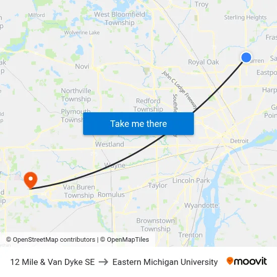 12 Mile & Van Dyke SE to Eastern Michigan University map