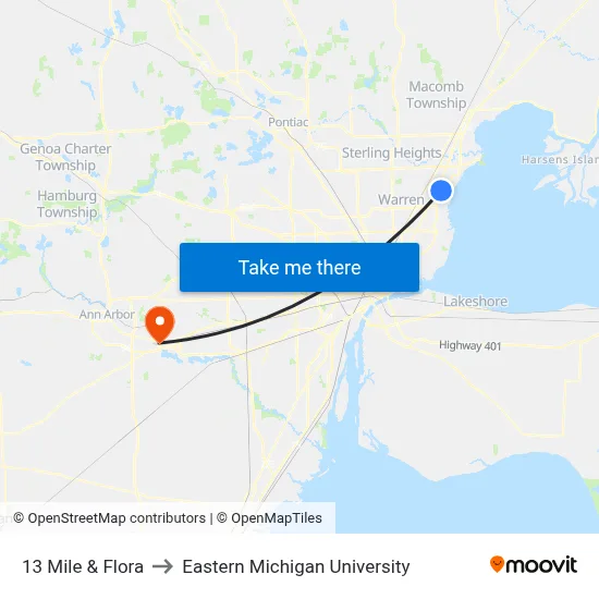 13 Mile & Flora to Eastern Michigan University map