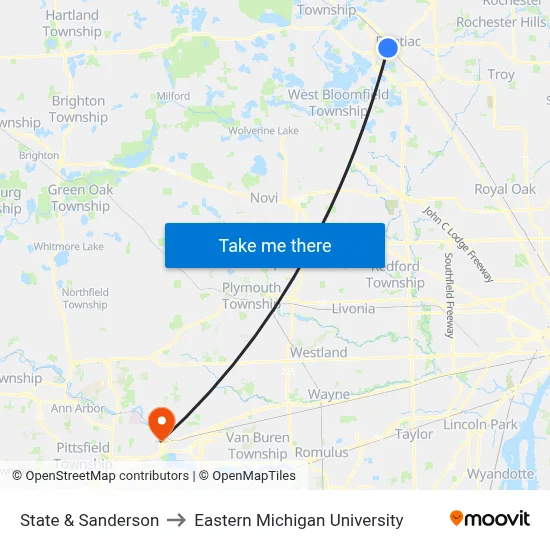 State & Sanderson to Eastern Michigan University map