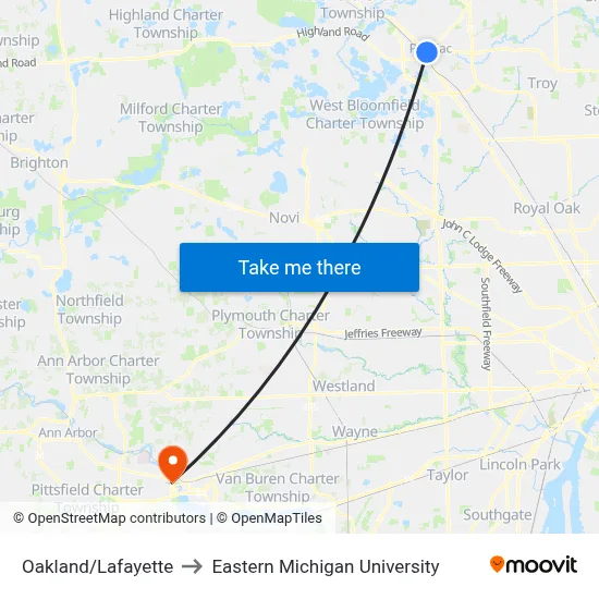 Oakland/Lafayette to Eastern Michigan University map